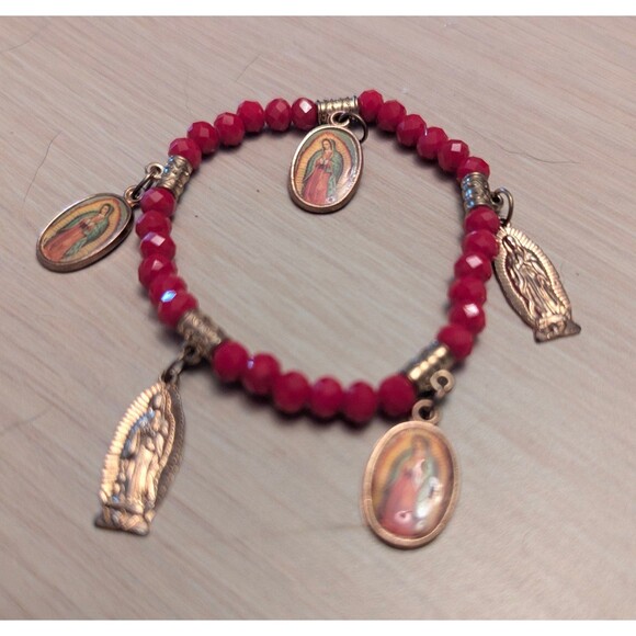 Religious Red Beaded Five Madonna Charms Stretch Bracelet - Picture 3 of 3